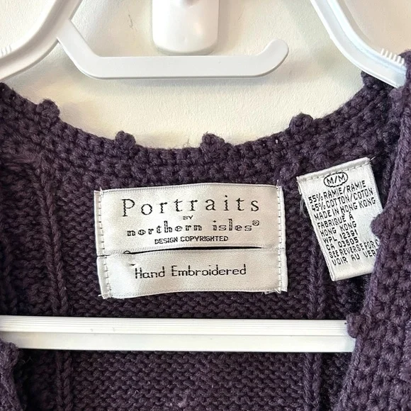 PORTRAITS by NORTHERN ISLES Hand Embroidered Eggplant Knit Floral Vest | Medium - Picture 2 of 5